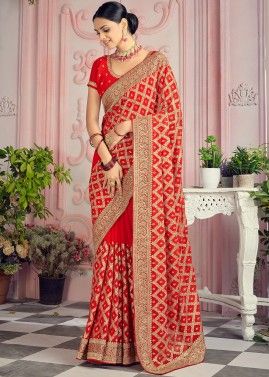Red Heavy Pallu Embroidered Saree In Georgette