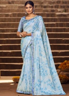 Blue Chiffon Saree In Floral Print
