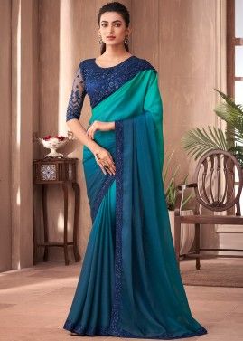 Shaded Blue Embroidered Saree With Blouse