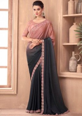 Shaded Black & Pink Embroidered Saree