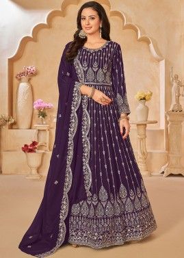 Purple Embroidered Anarkali Suit In Georgette 
