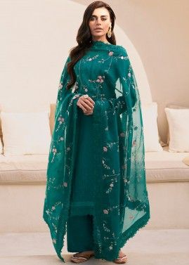 Teal Green Embroidered Art Silk Palazzo Suit