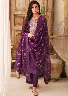 Purple Embroidered Palazzo Suit In Art Silk