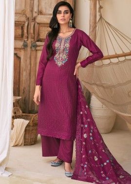 Pink Thread Embroidered Palazzo Suit Set