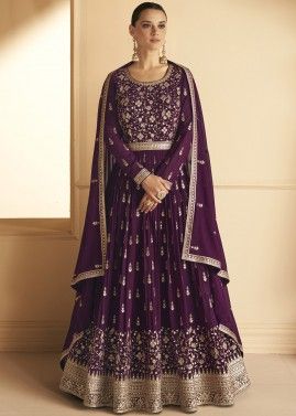 Purple Embroidered Georgette Anarkali Suit