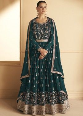 Green Georgette Anarkali Suit In Thread Embroidery