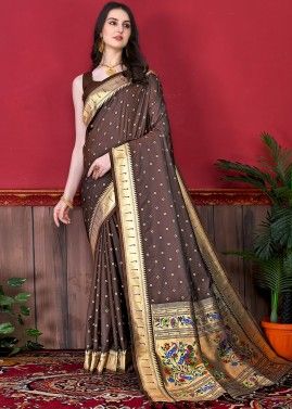 Brown Art Silk Saree With Woven Pallu