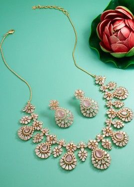Pink American Diamonds Studded Necklace Set