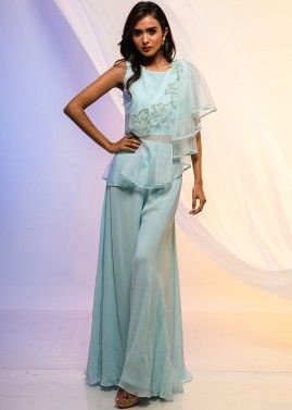 Blue Embroidered Asymmetric Ruffled Top With Palazzo