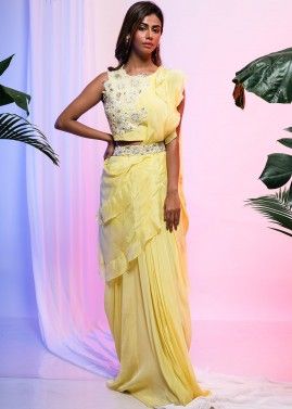 Yellow Embroidered Top Skirt & Attached Dupatta