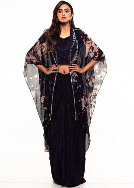 Purple Embroidered Cape Style Draped Skirt Set