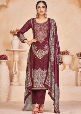 Wine Embroidered Viscose Pant Suit