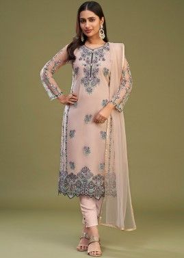 Peach Embroidered Pant Suit In Net