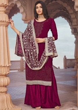 Magenta Stone Work Palazzo Suit In Georgette