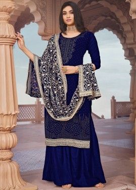 Blue Georgette Palazzo Suit In Stone Work