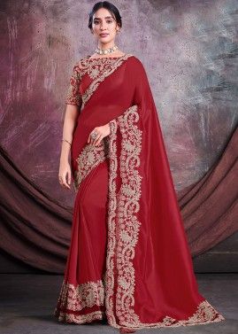 Red Satin Embroidered Saree