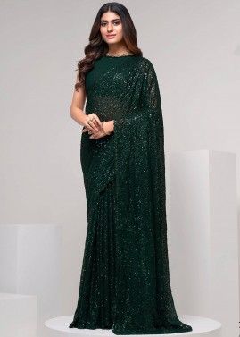 Green Sequinned Georgette Saree & Blouse