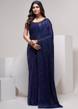 Navy Blue Sequins Embroidered Saree In Georgette
