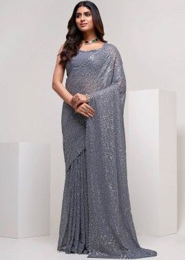 Grey Georgette Saree In Sequins Embroidery