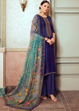 Navy Blue Embroidered Palazzo Suit In Satin
