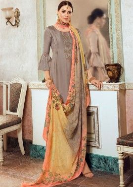 Brown Embroidered Satin Palazzo Style Suit