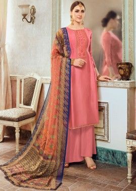 Peach Embroidered Palazzo Suit & Dupatta