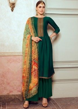 Green Palazzo Style Suit In Thread Embroidery