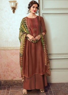 Brown Embroidered Palazzo Suit Set & Dupatta