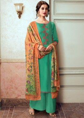Green Embroidered Satin Palazzo Style Suit