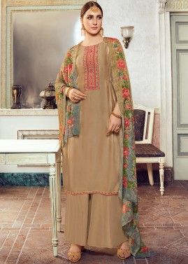 Brown Embroidered Palazzo Suit Set In Satin