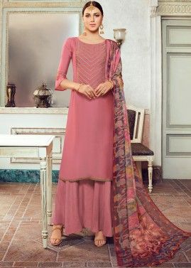 Pink Embroidered Palazzo Suit In Satin
