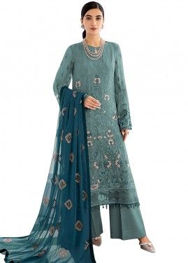 Blue Embroidered Georgette Palazzo Suit Set