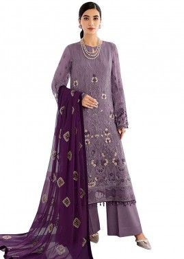 Purple Embroidered Palazzo Suit In Georgette
