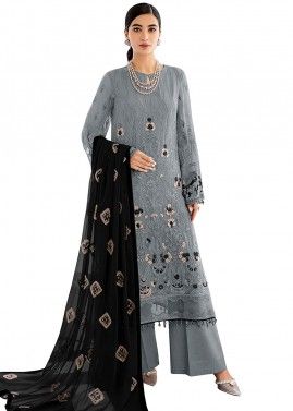 Grey Thread Embroidered Palazzo Suit & Dupatta