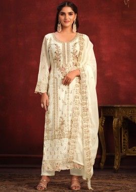 White Embroidered Pant Suit Set