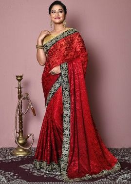 red Embroidered Saree In Georgette