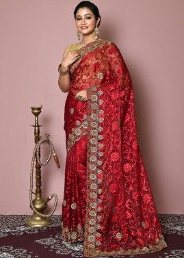 Red Tissue Embroidered Saree