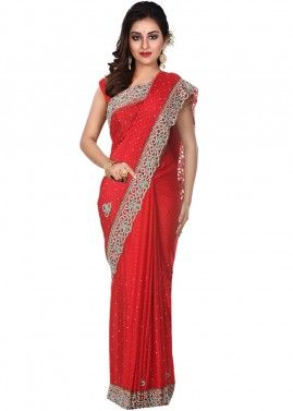 Red Embroidered Saree In Jacquard