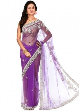 Purple Net Embroidered Saree