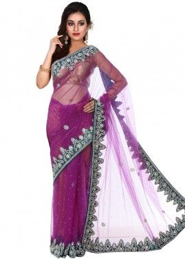 Purple Embroidered Saree In Net