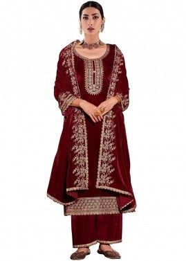 Maroon Embroidered Palazzo Suit Set