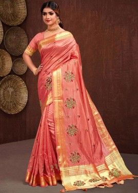 Pink Embroidered Tissue Saree & Blouse