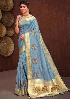 Blue Tissue Saree In Thread Embroidery
