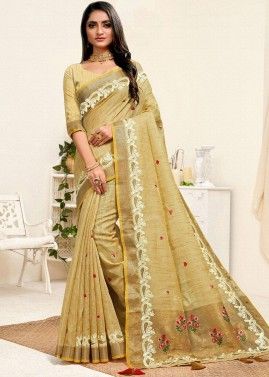 Golden Linen Saree In Floral Printed
