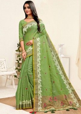 Green Floral Printed Saree In Linen