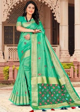 Green Embroidered Tissue Saree & Blouse