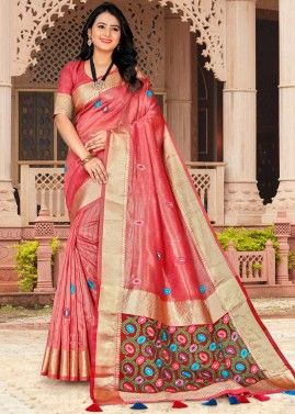 Red Tissue Saree In Thread Embroidery