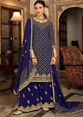 Blue Embroidered Gharara Suit In Chiffon