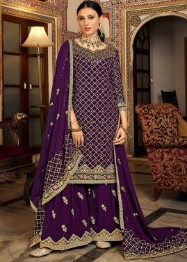 Purple Embroidered Chiffon Pakistani Gharara Suit
