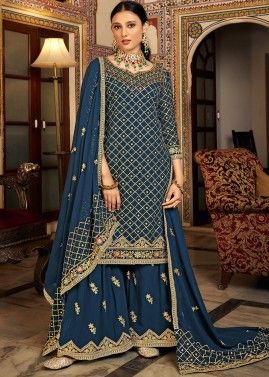 Teal Blue Chiffon Gharara Suit In Sequins Work